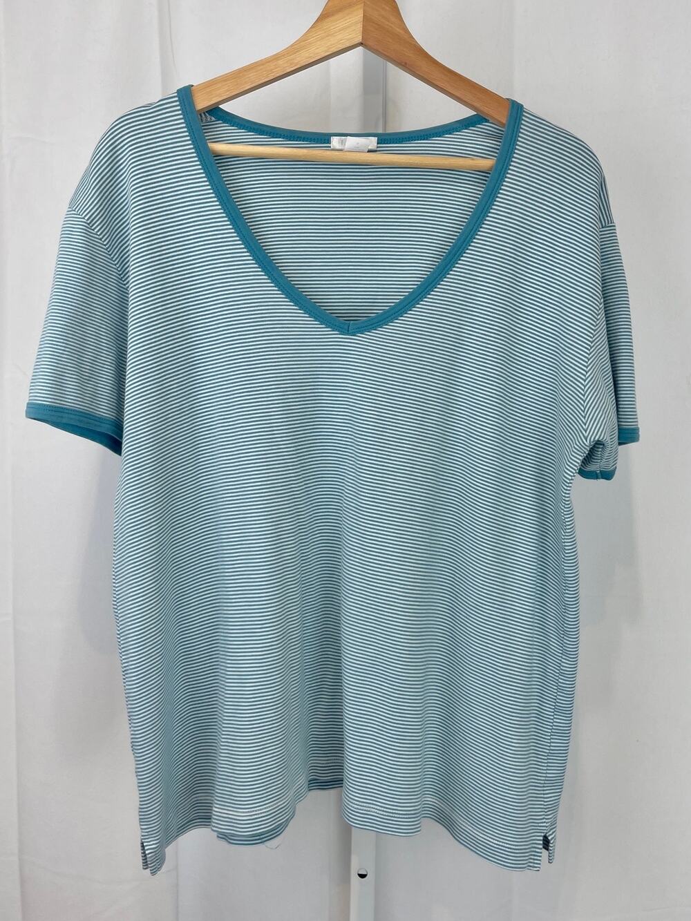 LAKE Striped Pajama Top V Neck Short Sleeve Pima Cotton Aqua Blue White Size XL
